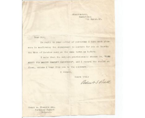 Sir Robert Stawell Ball FRS typed signed letter regarding attending a lecture 1 July 1840 - 25 November 1913 was an Irish ast