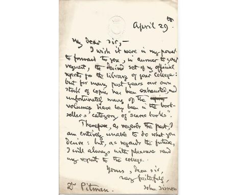 John Allsebrook Simon, 1st Viscount Simon GCSI GCVO OBE PC hand written letter on Privy Council letter head. 28 February 1873