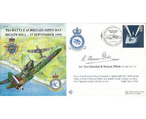 Air vice marshal R Deacon Elliott DFC signed Battle of Britain open day cover flown by Spitfire. Good Condition. All signed i