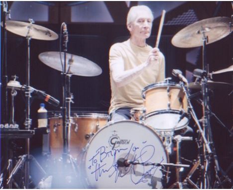 Rolling Stones Charlie Watts signed 10 x 8 inch photo. playing drums. Good Condition. All signed items come with our certific