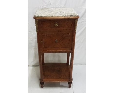 French Satinwood Side Cabinet, with a green grained marble top, over a drawer and a single door enclosing a white marble inte