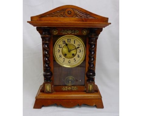 American Mantel Clock, with brass mounts and roped columns to front door, with a repeat alarm, 45cm x 33cm