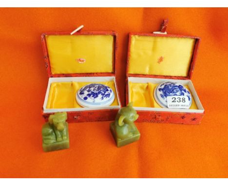 Pair of modern Jade Ink Stamps in the form of a Pig &amp; a Dog, with pair of ink pot's, in presentation boxes, stamped MARIU