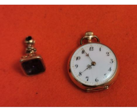 Late 19thC 14k small Gold Cased French Fob Watch with a white dial and decorative border, 3cm dia &amp; a Gold Fob inset with