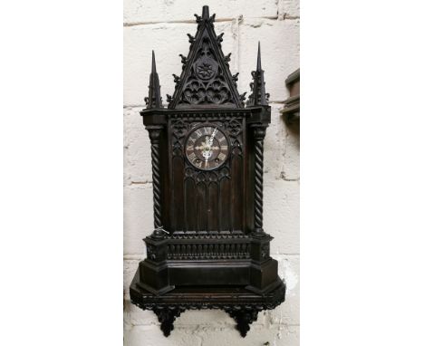 Pugin style tall carved Wall /Mantle clock, tower shaped, on a similarly carved wall shelf, 66cm x 35cm