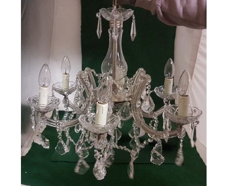 Large cut glass Chandelier, 8 branches with faceted crystal droplets and ribbed branches, bright cut, with chrome ceiling fit