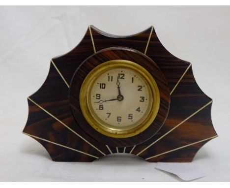 Small Art Deco Mantel/Alarm Clock, fan shaped, possibly zebra wood, 18cm x 12cm