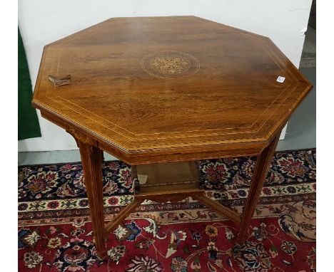 Late Victorian/Edwardian rosewood satinwood inlaid marquetry octagonal Table, stretcher shelf, on casters, 91cm w x 76cm h