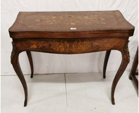 19thC French Kingwood Card Table, profusely marquetry inlaid, on sabre legs with gilt mounts to legs and toes, green baize in