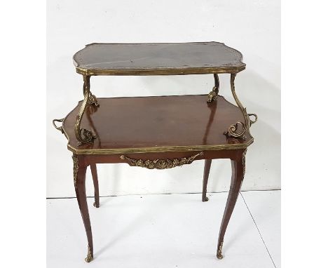 Two Tier French Kingwood Etagere, with a green leather topped upper shelf, above a wider shelf below, with gilt supports, bot