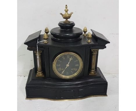 Black marble Mantel Clock with a black face and brass doric-shaped columns, acorn shaped finials, 40cm x 33cm 