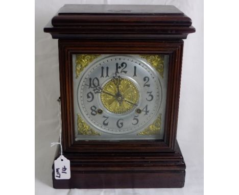 Ansonia Mantel Clock in a clean mahogany case, with a brass and silvered dial, 33cm x 26cm (the trade label inside door stamp