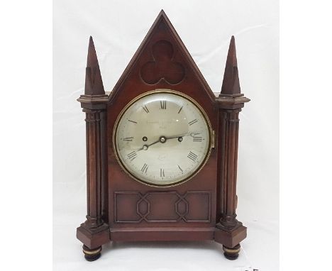 Pugin / Gothic Revival Design Fusee Mantel Clock, English, with a silver dial stamped “Grimaldi &amp; Johnson, Strand, London