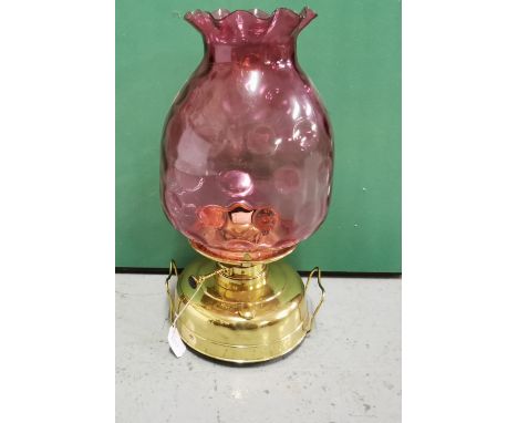 Brass Faced Container Oil Lamp with large Etched Red Glass shade.