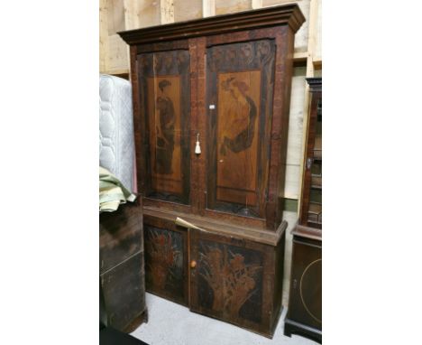19thC Arts and Crafts Pokerwork Bookcase, the two upper doors carved with figures – “Truth” &amp; “Fiction”, a man with lyre 