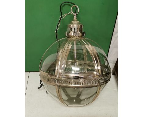 Contemporary plated frame global shaped ceiling light with chain, 3 bulb fittings, 80cm h x 42cm diameter