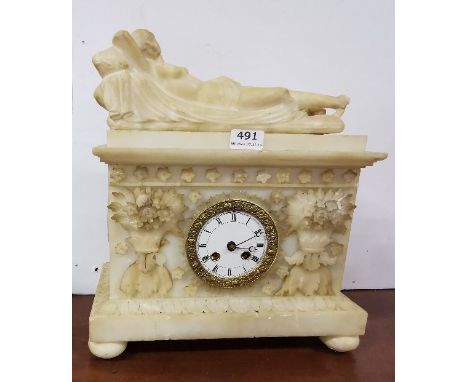 Alabaster Mantel Clock, featuring a reclining lady over the ornately decorated case, also floral bursts (brass panel to back)