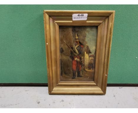 19th C oil painting - portrait of a Royal Guard in full costume, on duty, 17X12cm, gold framed 