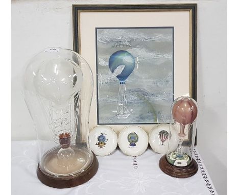 Hot Air Balloon related items incl 2 glass domed model ornaments, 3 miniature plates &amp; a print (6)