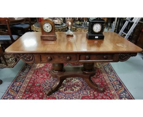 William VI Mahogany sofa table with 2 apron drawers, corbel design over a twin bulbous shaped pod, on 4 splayed legs, 146cm w