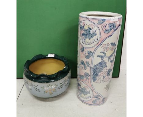 Oriental style cylindrical stick stand, floral pattern (modern) 46cm h &amp; a Doulton Green Ground Jardinere (2)