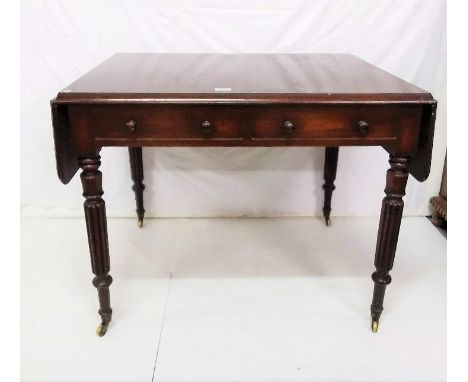 WMIV Mahogany Sofa Table with drop leaves, on turned and reeded legs, cup castors, two drawers to the front and two faux draw
