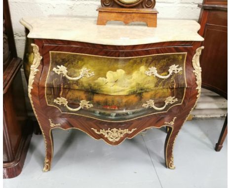 Decorative Bombe Chest of Drawers/ Commode, hand painted with landscape and river scenes, with a serpentine shaped beige marb