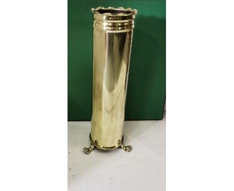 Tall Brass Stick Stand, recently polished, with a ribbed top, on 3 paw feet, 174cmH x 20cm DIA