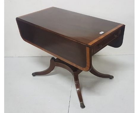 19th C mahogany crossbanded and inlaid Sofa Table with single end drawer on rectangular tapering column support with four swe