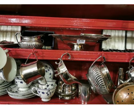 Group of Silver Plate Ware – presentation dish, boxed pastry fork sets, condiments, sauce boats, Ronson lighter etc