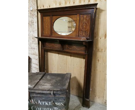 Edwardian Inlaid Mahogany Fire Surround, with mantle shelf and oval shaped, bevelled over-mirror, 130cm x 195cm