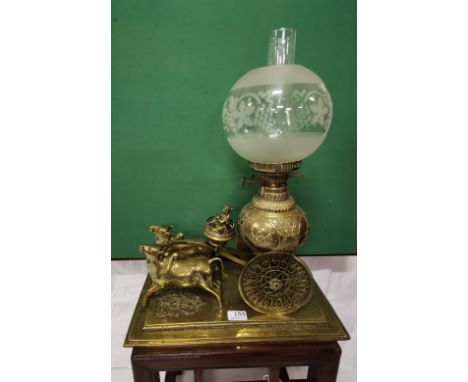 Indian Table Oil Lamp, featuring an ornamental oxen-driven carriage drawing the oil lamp, also an etched glass round shade, 4