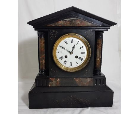 Black marble Mantel Clock with red and green marble doric columns, 35cm x 30cm