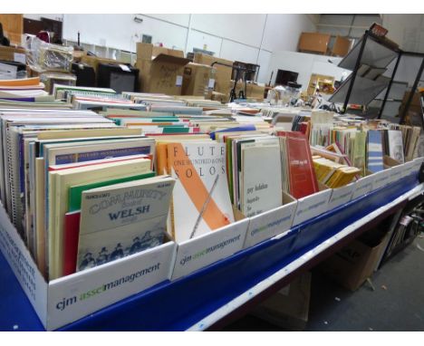 Ten boxes of music literature including ''Violin - Building Technic with Beautiful Music'', ''28 Fanfares for Solo Trumpet an