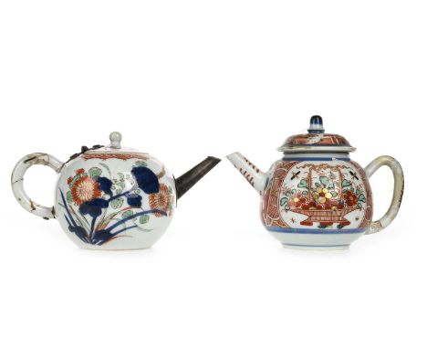 TWO 18TH CENTURY CHINESE PORCELAIN TEA POTS, KANGXI AND QIANLONG PERIODS each decorated with flowers, amongst foliage, comple