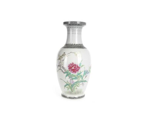 CHINESE FAMILLE ROSE VASE, 20TH CENTURY decorated with two birds, perched on a flowering branch, the reverse bearing Chinese 