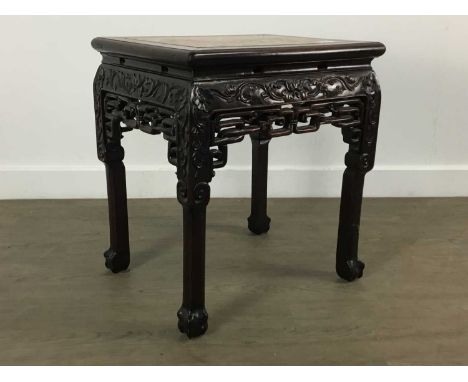 CHINESE HARDWOOD SIDE TABLE, LATE 19TH/EARLY 20TH CENTURY the square top inset with marble, above a carved and pierced apron,