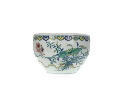 CHINESE FAMILLE ROSE FISH BOWL, 20TH CENTURY  decorated with two butterflies amongst flowers and foliage, underneath a linked