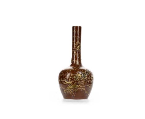 CHINESE 'DRAGON' VASE, EARLY 20TH CENTURY of bottle form, gilt painted with dragons chasing the flaming pearl in relief, on a