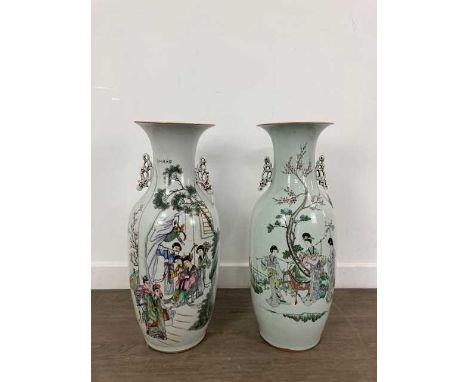 TWO CHINESE TWIN HANDLED FIGURAL VASES, LATE 19TH/EARLY 20TH CENTURY one decorated with figures carrying flowers, surrounded 