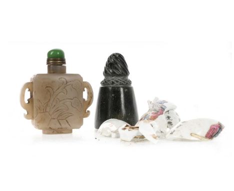 GROUP OF CHINESE ITEMS, 19TH AND 20TH CRNTURY comprising a Jade twin handled footed scent bottle, decorated with flowers and 