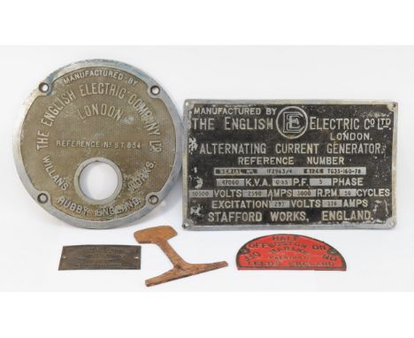 A group of four early 20th century makers plates, to include two cast alloy 'The English Electric Company Ltd' a cast brass p