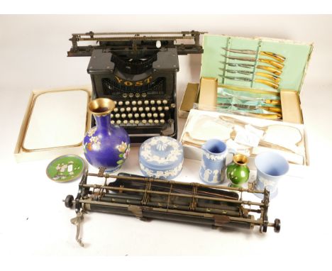 A selection of collectibles to include a Yost three row Qwertyuiop keyboard typewriter made in Long Island, USA, a John Palme