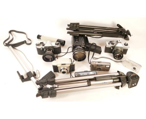 A collection of cameras, camera accessories and scopes, to include, a Chinon Reflex 1000SR, Praktica Nova 1, a USSR 10 x 30 t