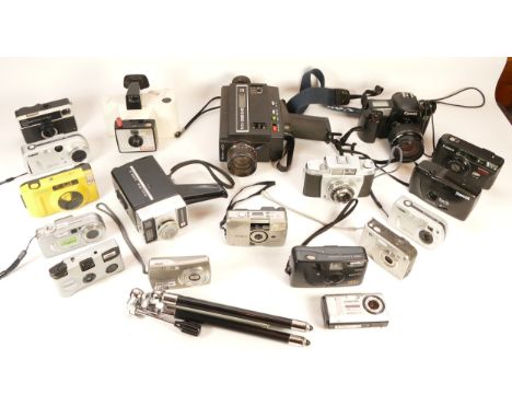 A collection of cameras and camera accessories, to include, a Polaroid Land Camera Model 20 Swinger, Olympus U810, Miranda MD