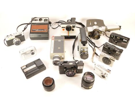 A collection of cameras and camera accessories, to include, Chinon Dart 70, Canon IXUS, and Pentax Optio 60. (1 box)
