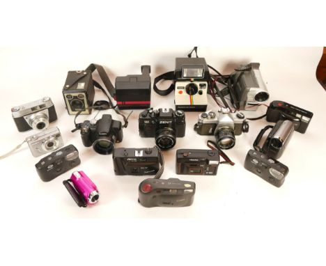 A collection of cameras and camera accessories, to include, a Konica Pop, a Zenit 122, and a Samsung Mini DV. (1 box)