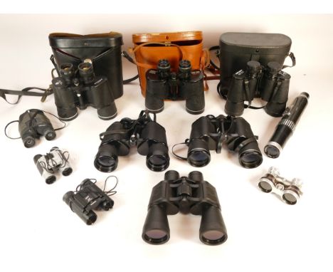 A collection of binoculars, to include, Super Zenith 10 x 50, Viper 10 x 50, and Asahi Pentax 7 x 50. (1 box)