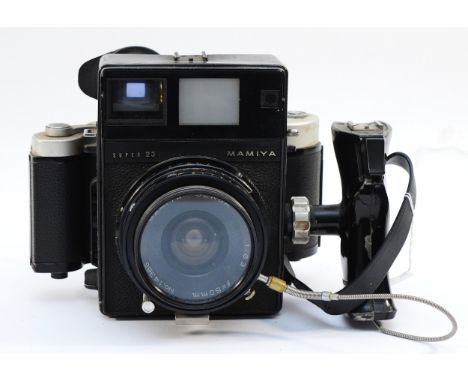 A Mamyia Super 23 medium format rangefinder press camera, with Mamiya-Sekor f/6.3 50mm lens.
