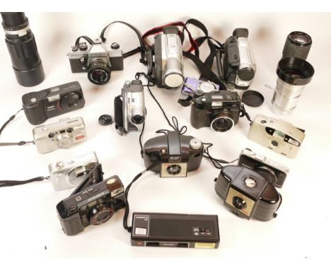 A collection of cameras and camera accessories, to include, a Panasonic Camcorder NC-DS38, a Samsung PL81, and a Canon Suresh